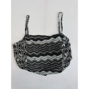 Boho SO Wavy Floral Print Crop Tank Top Womens Large Black White Tie Back